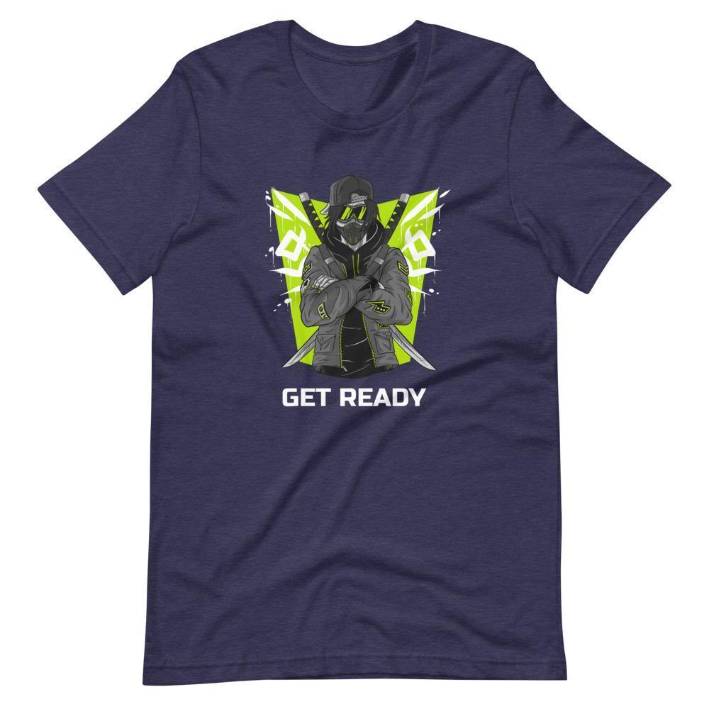 Gaming Shirt - Get Ready - Cyberpunk Style Ninja With Katanas - Neon Green - Heather Midnight Navy - Dubsnatch