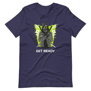 Gaming Shirt - Get Ready - Cyberpunk Style Ninja With Katanas - Neon Green - Heather Midnight Navy - Dubsnatch