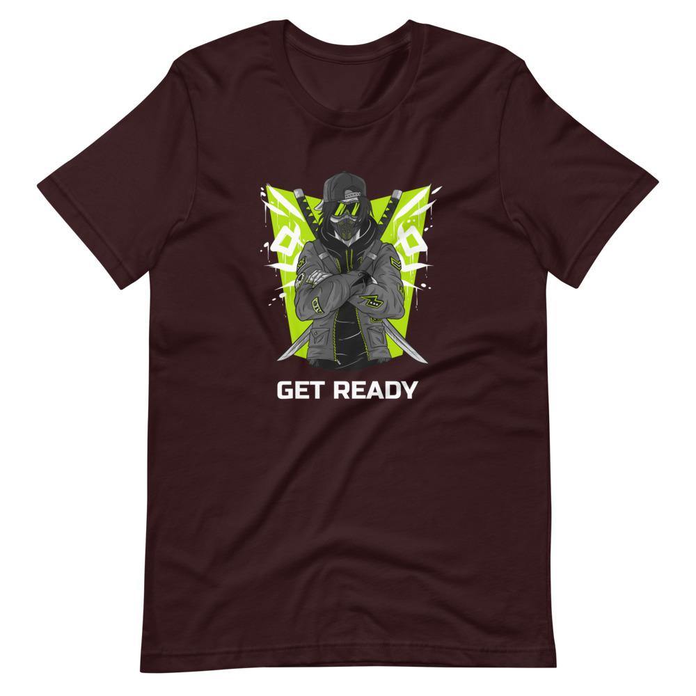 Gaming Shirt - Get Ready - Cyberpunk Style Ninja With Katanas - Neon Green - Oxblood Black - Dubsnatch