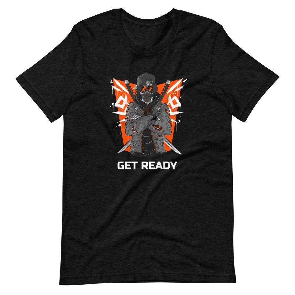 Gaming Shirt - Get Ready - Cyberpunk Style Ninja With Katanas - Orange - Black Heather - Dubsnatch