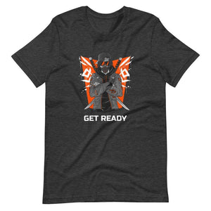 Gaming Shirt - Get Ready - Cyberpunk Style Ninja With Katanas - Orange - Dark Grey Heather - Dubsnatch