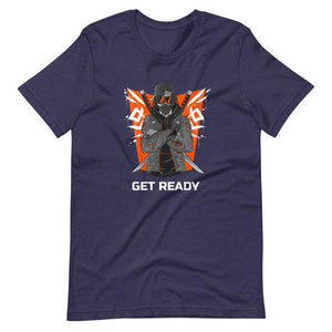 Gaming Shirt - Get Ready - Cyberpunk Style Ninja With Katanas - Orange - Heather Midnight Navy - Dubsnatch