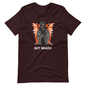 Gaming Shirt - Get Ready - Cyberpunk Style Ninja With Katanas - Orange - Oxblood Black - Dubsnatch