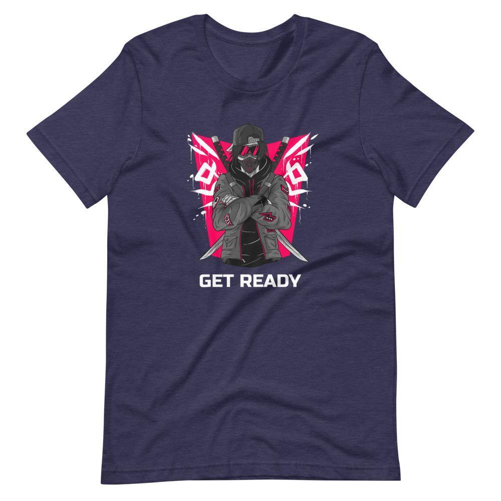 Gaming Shirt - Get Ready - Cyberpunk Style Ninja With Katanas - Pink - Heather Midnight Navy - Dubsnatch