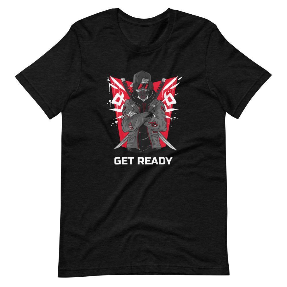 Gaming Shirt - Get Ready - Cyberpunk Style Ninja With Katanas - Red - Black Heather - Dubsnatch