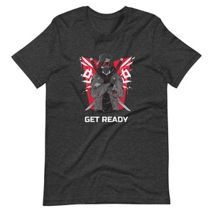 Gaming Shirt - Get Ready - Cyberpunk Style Ninja With Katanas - Red - Dark Grey Heather - Dubsnatch