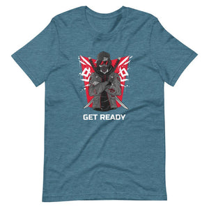 Gaming Shirt - Get Ready - Cyberpunk Style Ninja With Katanas - Red - Heather Deep Teal - Dubsnatch
