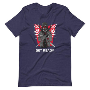Gaming Shirt - Get Ready - Cyberpunk Style Ninja With Katanas - Red - Heather Midnight Navy - Dubsnatch