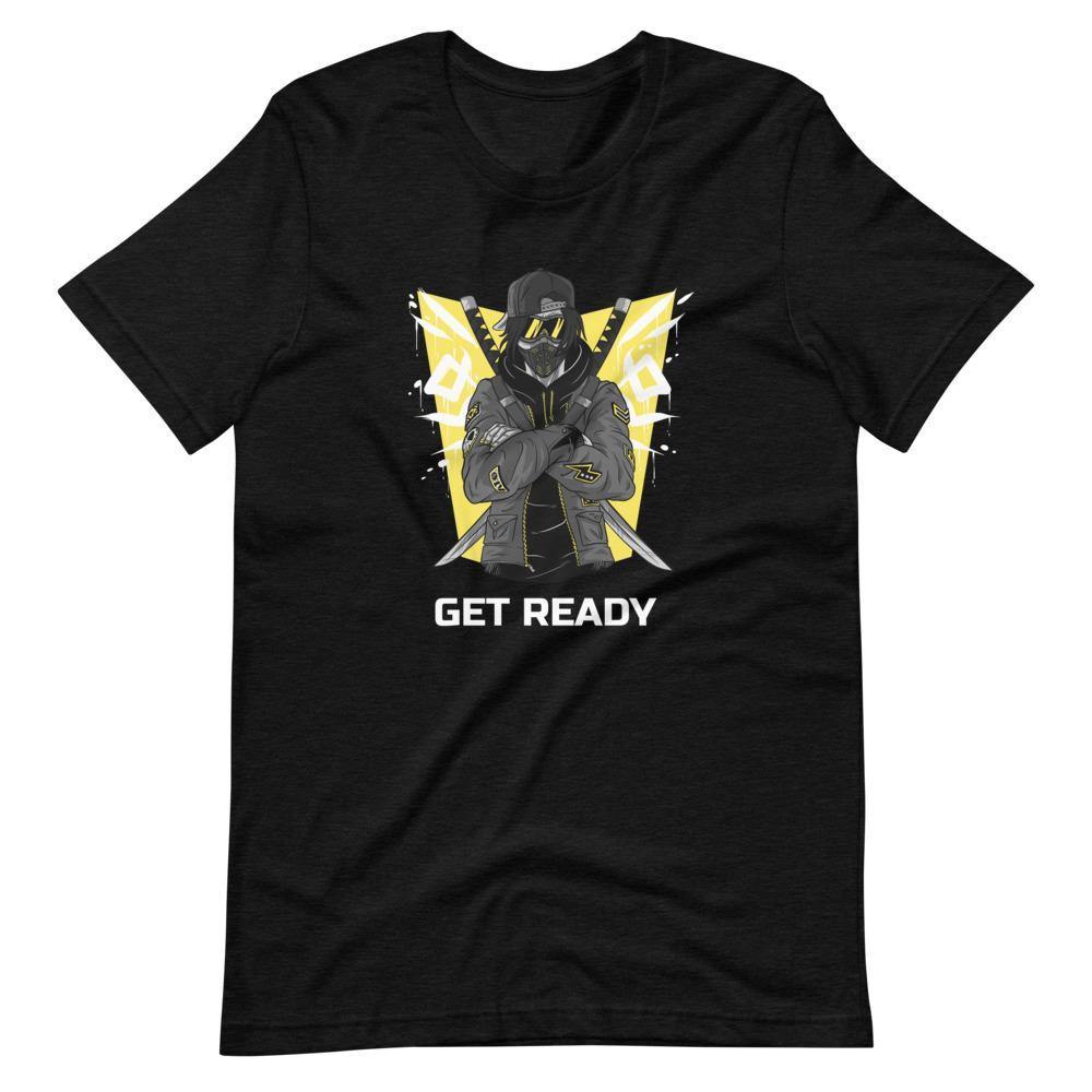 Gaming Shirt - Get Ready - Cyberpunk Style Ninja With Katanas - Yellow - Black Heather - Dubsnatch