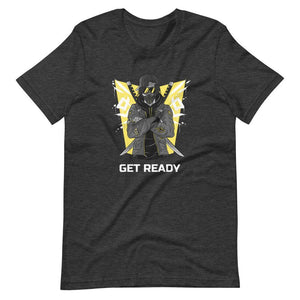 Gaming Shirt - Get Ready - Cyberpunk Style Ninja With Katanas - Yellow - Dark Grey Heather - Dubsnatch