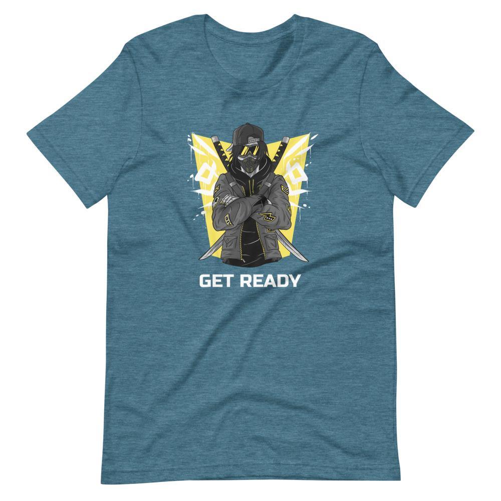 Gaming Shirt - Get Ready - Cyberpunk Style Ninja With Katanas - Yellow - Heather Deep Teal - Dubsnatch