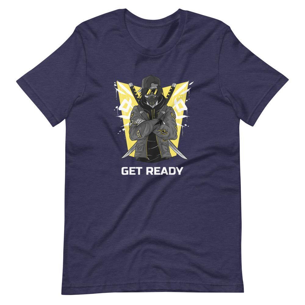 Gaming Shirt - Get Ready - Cyberpunk Style Ninja With Katanas - Yellow - Heather Midnight Navy - Dubsnatch