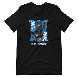 Gaming Shirt - Girl Power - Cyberpunk Female With Sword - Blue - Black Heather - Dubsnatch