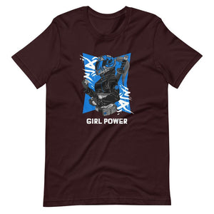 Gaming Shirt - Girl Power - Cyberpunk Female With Sword - Blue - Oxblood Black - Dubsnatch