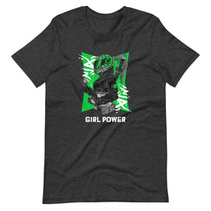 Gaming Shirt - Girl Power - Cyberpunk Female With Sword - Green - Dark Grey Heather - Dubsnatch