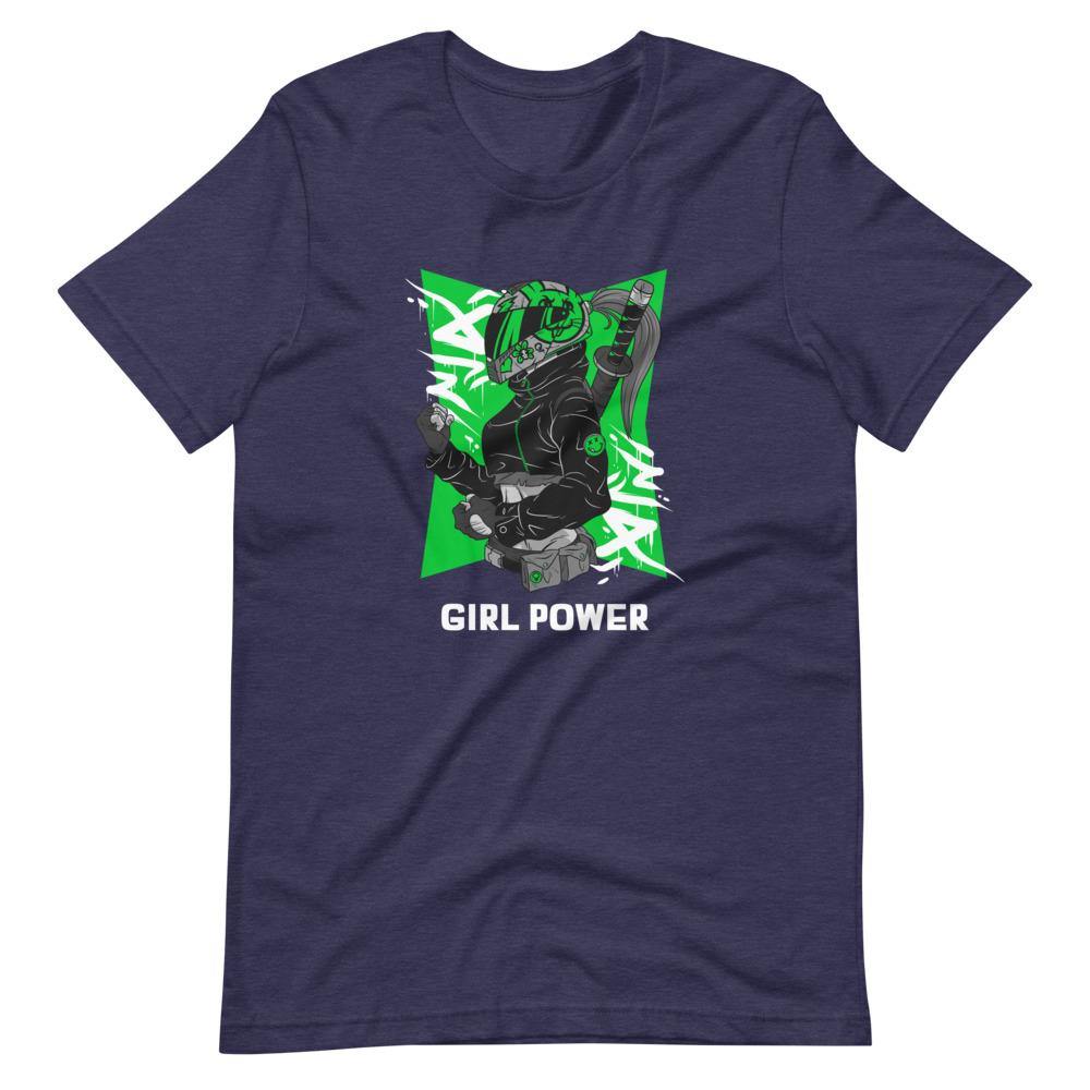 Gaming Shirt - Girl Power - Cyberpunk Female With Sword - Green - Heather Midnight Navy - Dubsnatch