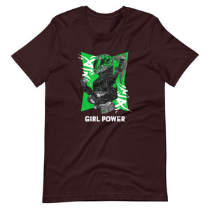 Gaming Shirt - Girl Power - Cyberpunk Female With Sword - Green - Oxblood Black - Dubsnatch