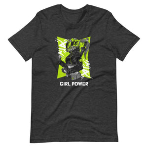 Gaming Shirt - Girl Power - Cyberpunk Female With Sword - Neon Green - Dark Grey Heather - Dubsnatch