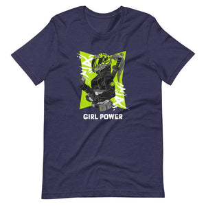 Gaming Shirt - Girl Power - Cyberpunk Female With Sword - Neon Green - Heather Midnight Navy - Dubsnatch