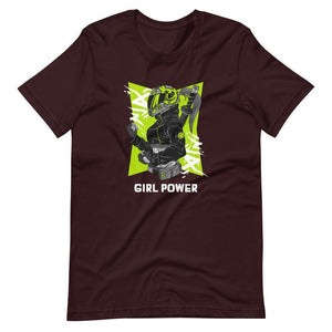 Gaming Shirt - Girl Power - Cyberpunk Female With Sword - Neon Green - Oxblood Black - Dubsnatch