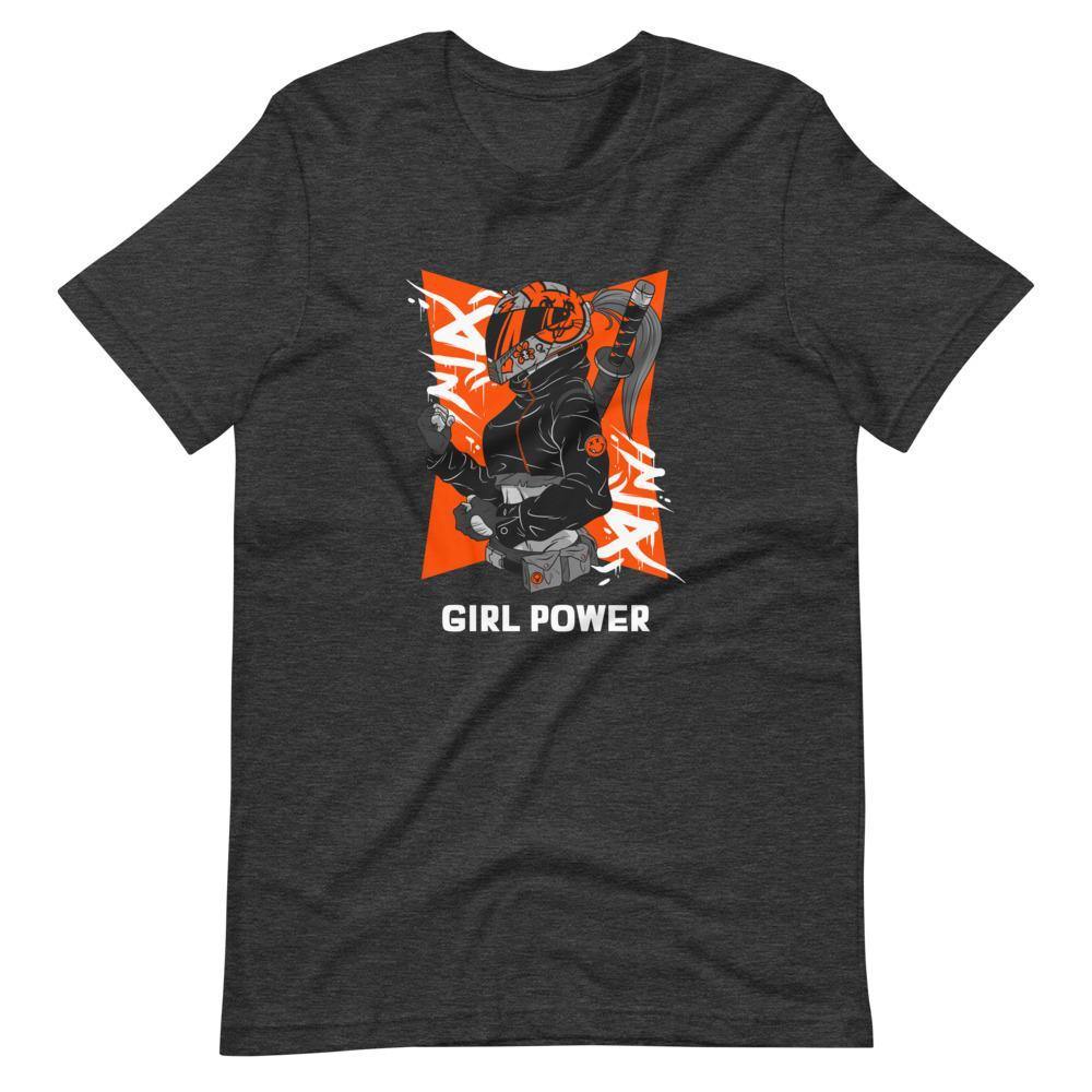 Gaming Shirt - Girl Power - Cyberpunk Female With Sword - Orange - Dark Grey Heather - Dubsnatch