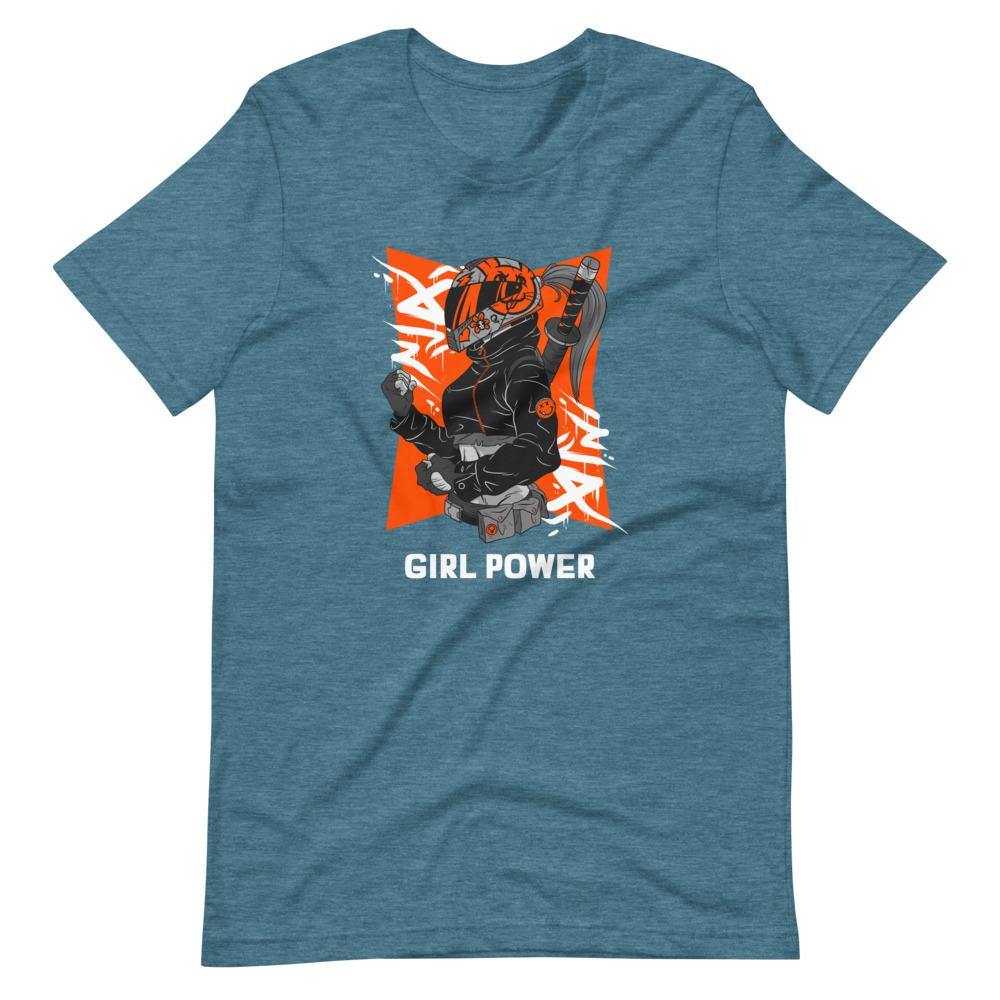 Gaming Shirt - Girl Power - Cyberpunk Female With Sword - Orange - Heather Deep Teal - Dubsnatch
