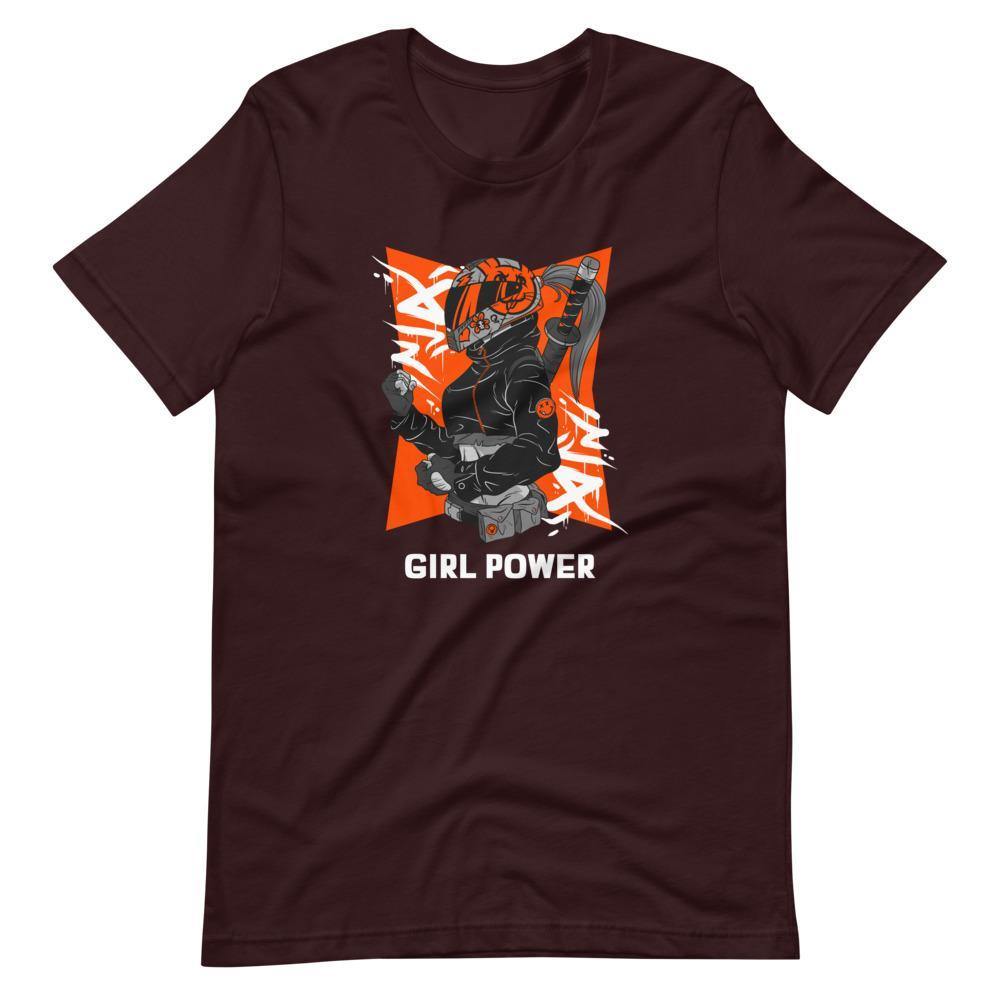 Gaming Shirt - Girl Power - Cyberpunk Female With Sword - Orange - Oxblood Black - Dubsnatch