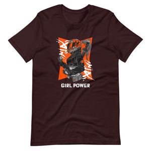 Gaming Shirt - Girl Power - Cyberpunk Female With Sword - Orange - Oxblood Black - Dubsnatch