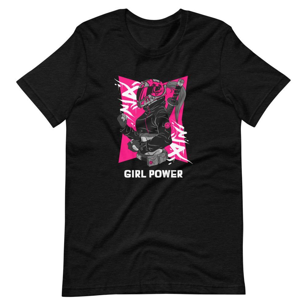 Gaming Shirt - Girl Power - Cyberpunk Female With Sword - Pink - Black Heather - Dubsnatch