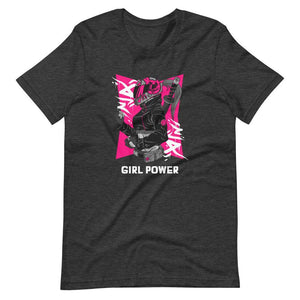 Gaming Shirt - Girl Power - Cyberpunk Female With Sword - Pink - Dark Grey Heather - Dubsnatch