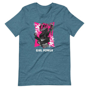 Gaming Shirt - Girl Power - Cyberpunk Female With Sword - Pink - Heather Deep Teal - Dubsnatch