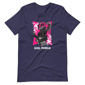 Gaming Shirt - Girl Power - Cyberpunk Female With Sword - Pink - Heather Midnight Navy - Dubsnatch