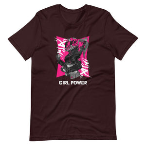 Gaming Shirt - Girl Power - Cyberpunk Female With Sword - Pink - Oxblood Black - Dubsnatch