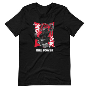 Gaming Shirt - Girl Power - Cyberpunk Female With Sword - Red - Black Heather - Dubsnatch