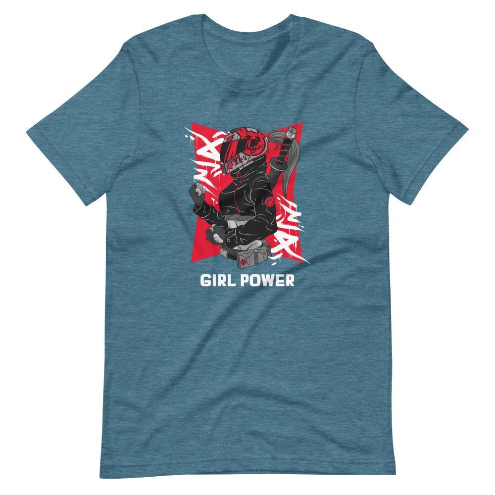 Gaming Shirt - Girl Power - Cyberpunk Female With Sword - Red - Heather Deep Teal - Dubsnatch