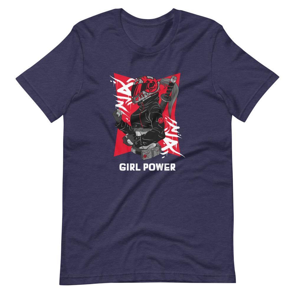 Gaming Shirt - Girl Power - Cyberpunk Female With Sword - Red - Heather Midnight Navy - Dubsnatch