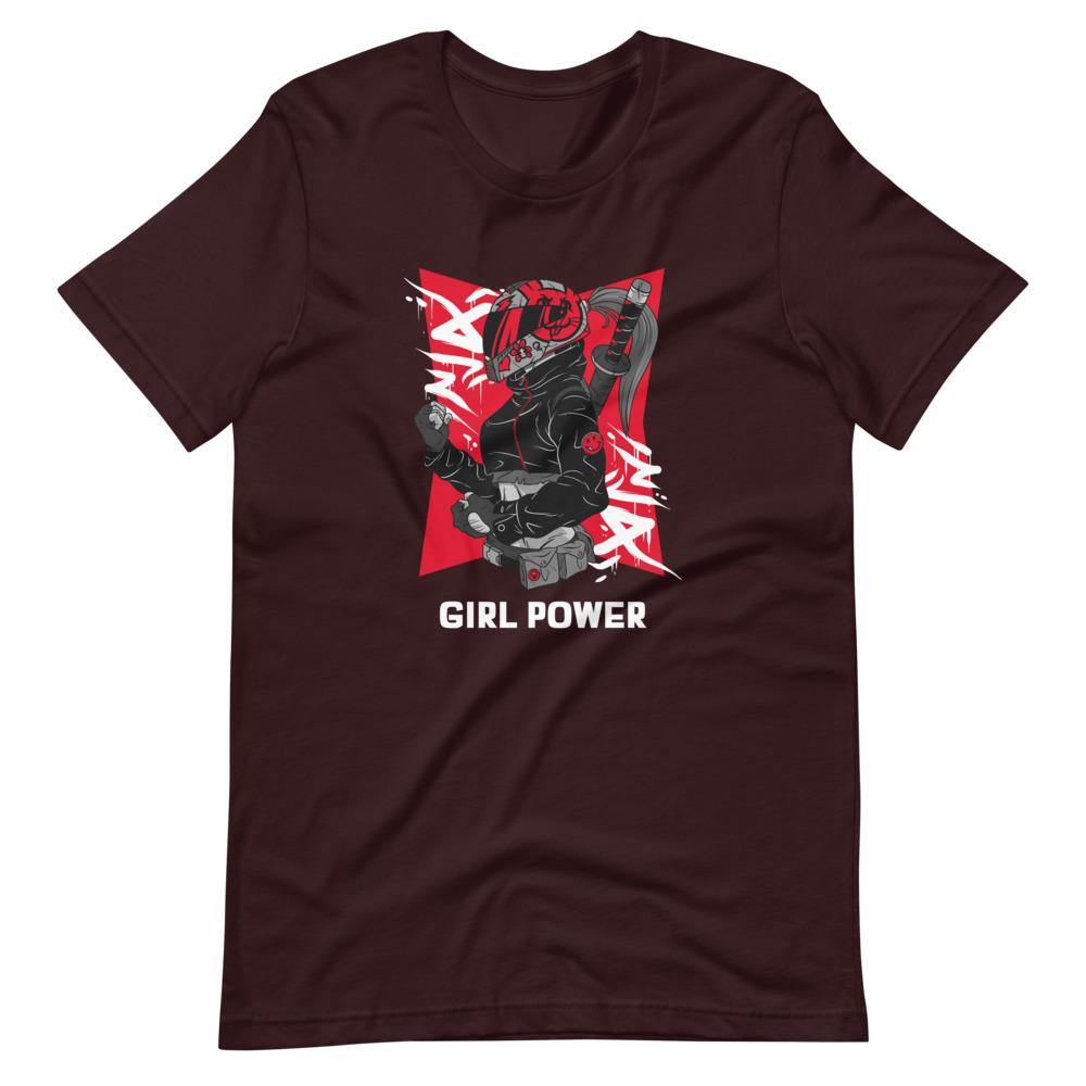 Gaming Shirt - Girl Power - Cyberpunk Female With Sword - Red - Oxblood Black - Dubsnatch
