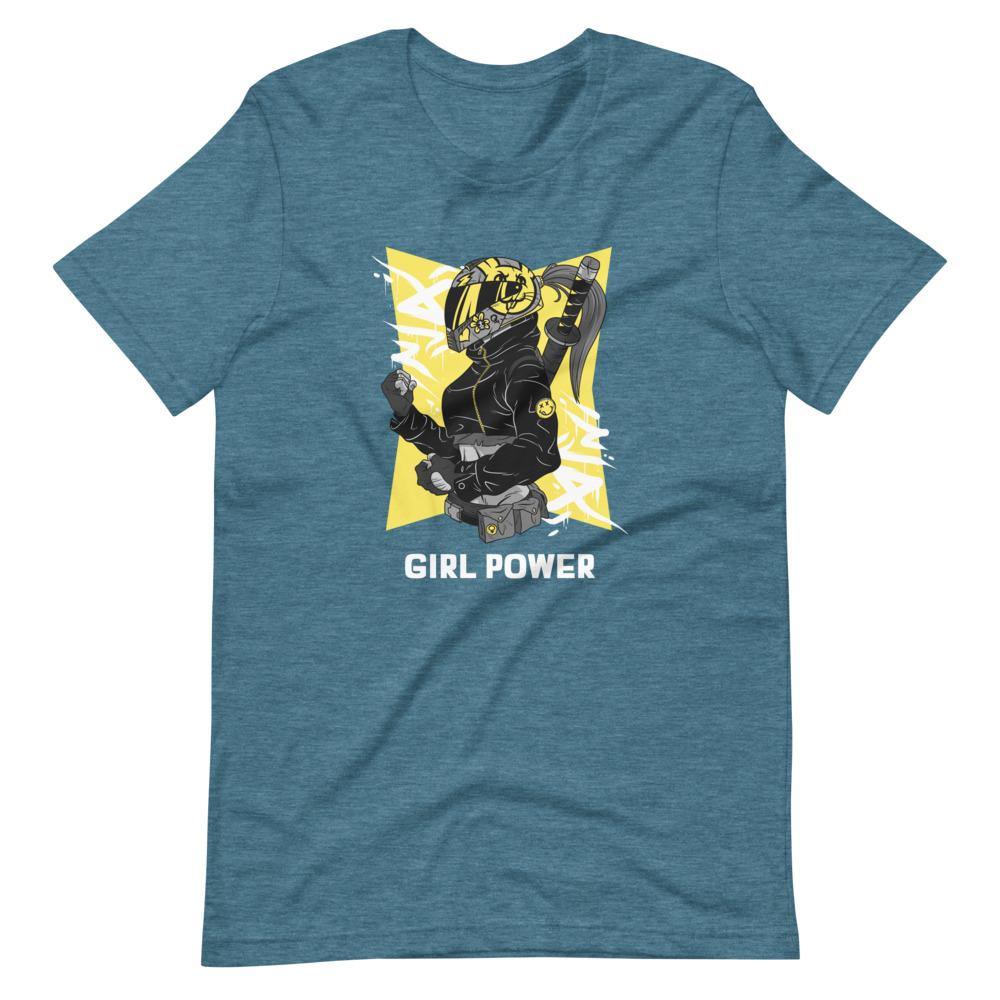 Gaming Shirt - Girl Power - Cyberpunk Female With Sword - Yellow - Heather Deep Teal - Dubsnatch