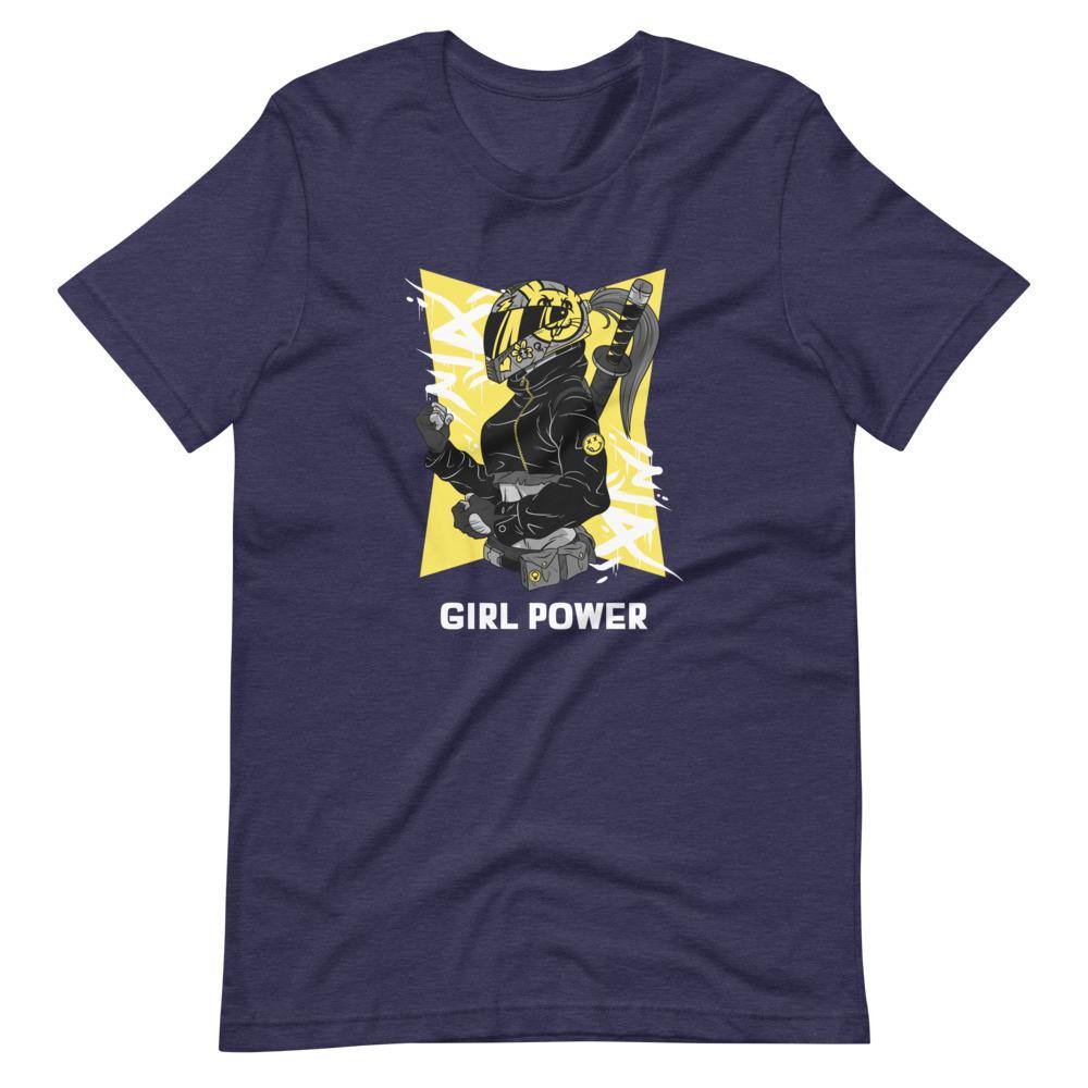 Gaming Shirt - Girl Power - Cyberpunk Female With Sword - Yellow - Heather Midnight Navy - Dubsnatch