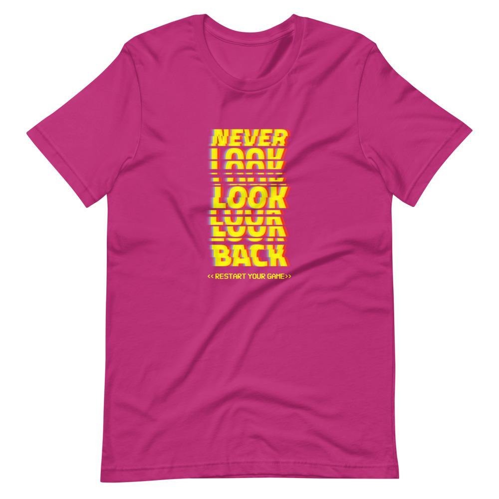 Gaming Shirt - Never Look Back Restart Your Game - Cyberpunk Glitch Style - Berry - Dubsnatch