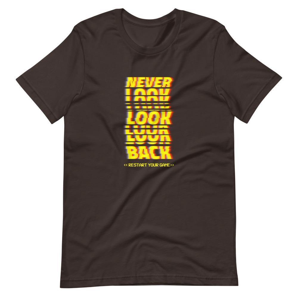 Gaming Shirt - Never Look Back Restart Your Game - Cyberpunk Glitch Style - Brown - Dubsnatch