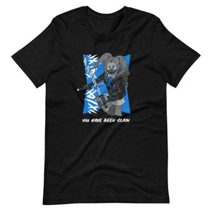 Gaming Shirt - You Have Been Slain - Female Assassin With Swords - Blue - Black Heather - Dubsnatch