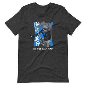 Gaming Shirt - You Have Been Slain - Female Assassin With Swords - Blue - Dark Grey Heather - Dubsnatch