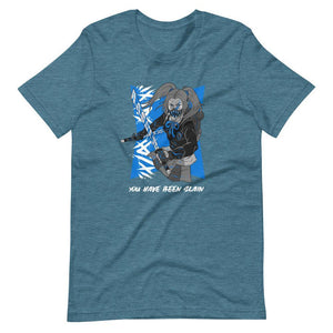 Gaming Shirt - You Have Been Slain - Female Assassin With Swords - Blue - Heather Deep Teal - Dubsnatch