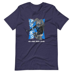 Gaming Shirt - You Have Been Slain - Female Assassin With Swords - Blue - Heather Midnight Navy - Dubsnatch