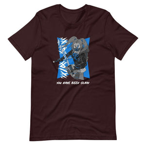 Gaming Shirt - You Have Been Slain - Female Assassin With Swords - Blue - Oxblood Black - Dubsnatch