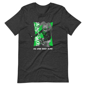 Gaming Shirt - You Have Been Slain - Female Assassin With Swords - Green - Dark Grey Heather - Dubsnatch