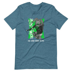 Gaming Shirt - You Have Been Slain - Female Assassin With Swords - Green - Heather Deep Teal - Dubsnatch