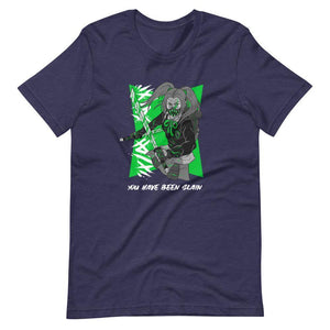 Gaming Shirt - You Have Been Slain - Female Assassin With Swords - Green - Heather Midnight Navy - Dubsnatch