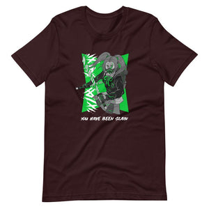 Gaming Shirt - You Have Been Slain - Female Assassin With Swords - Green - Oxblood Black - Dubsnatch
